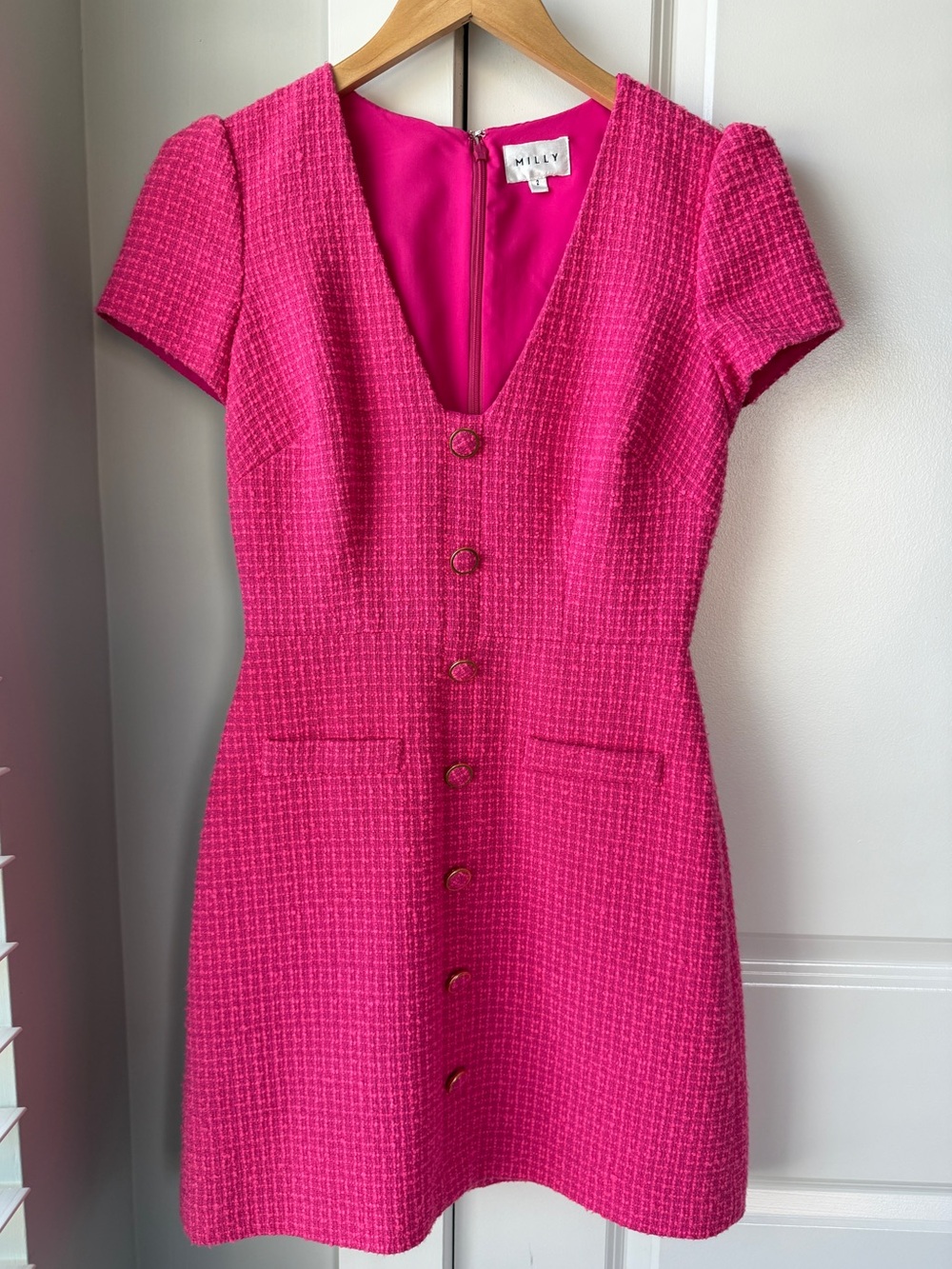 Milly Bright Pink Tweed Button-Front Mini Dress